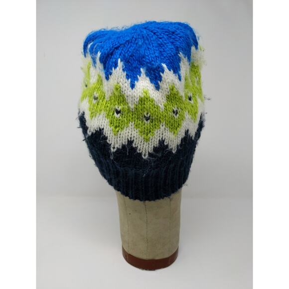 Land's End 100% Acrylic Beanie Hat Blue Size M-L Striped Diamond Pattern - Picture 6 of 10